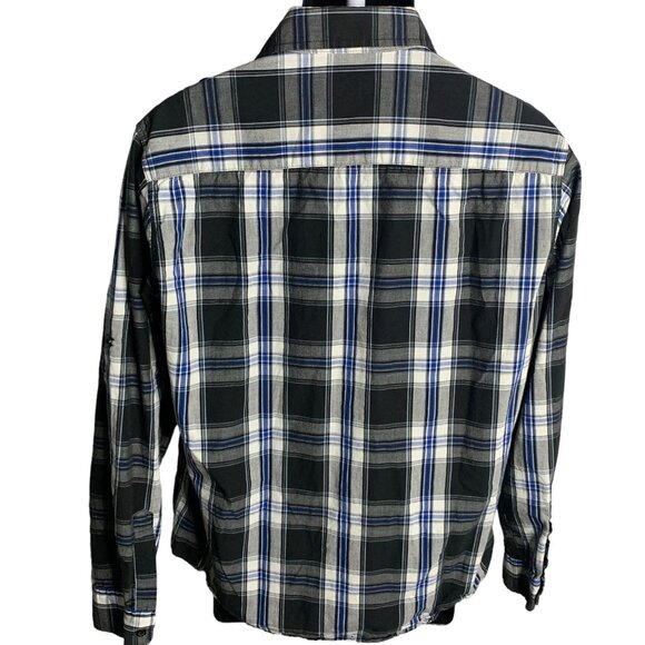 Eighty Eight Button Up Plaid Shirt L Black White Roll Tab Sleeves Chest Pockets - Picture 3 of 5